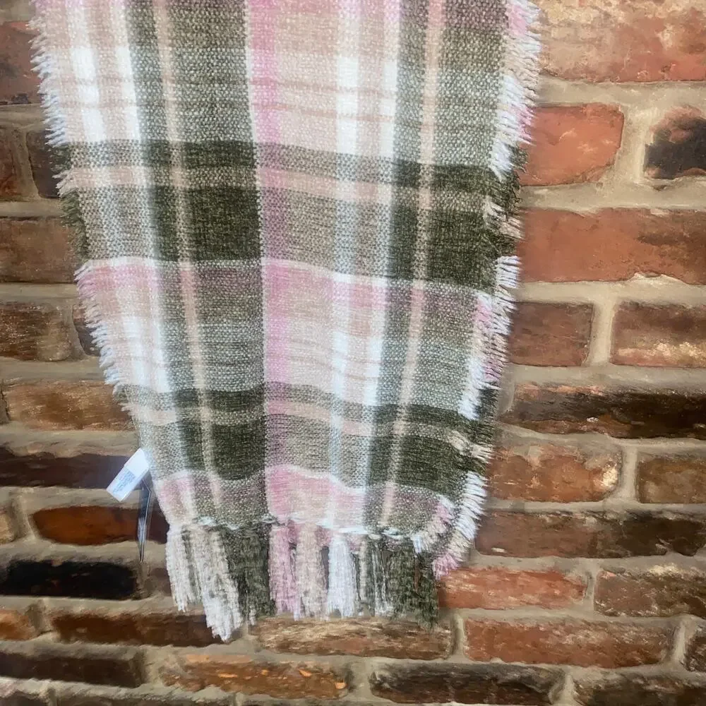 NWT Charter Club Green Pink Beige Tan Fringed Rectangle Scarf Women's